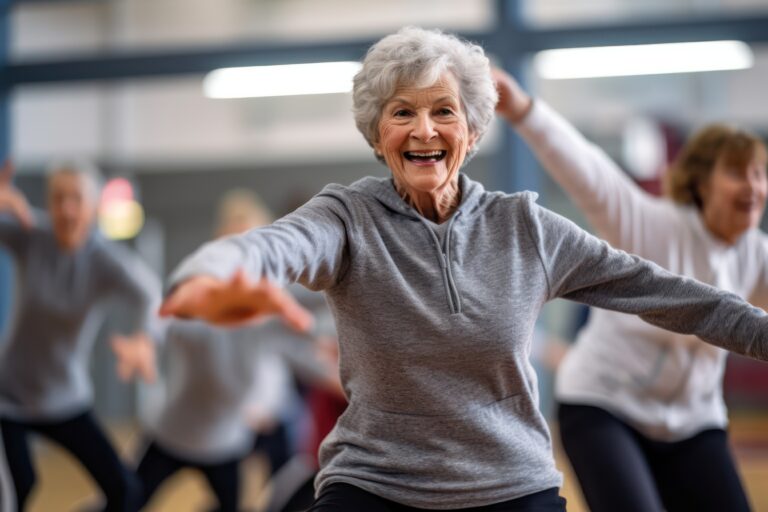 Senior woman smiling while doing exercise movement.