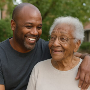 Adult son and his elderly mother smile spending time together